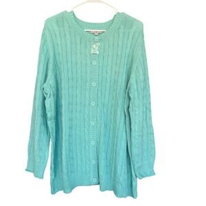 Woman Within Sweater Womens 1X 22/24 Aqua Blue Cable Knit Button Cardigan Plus